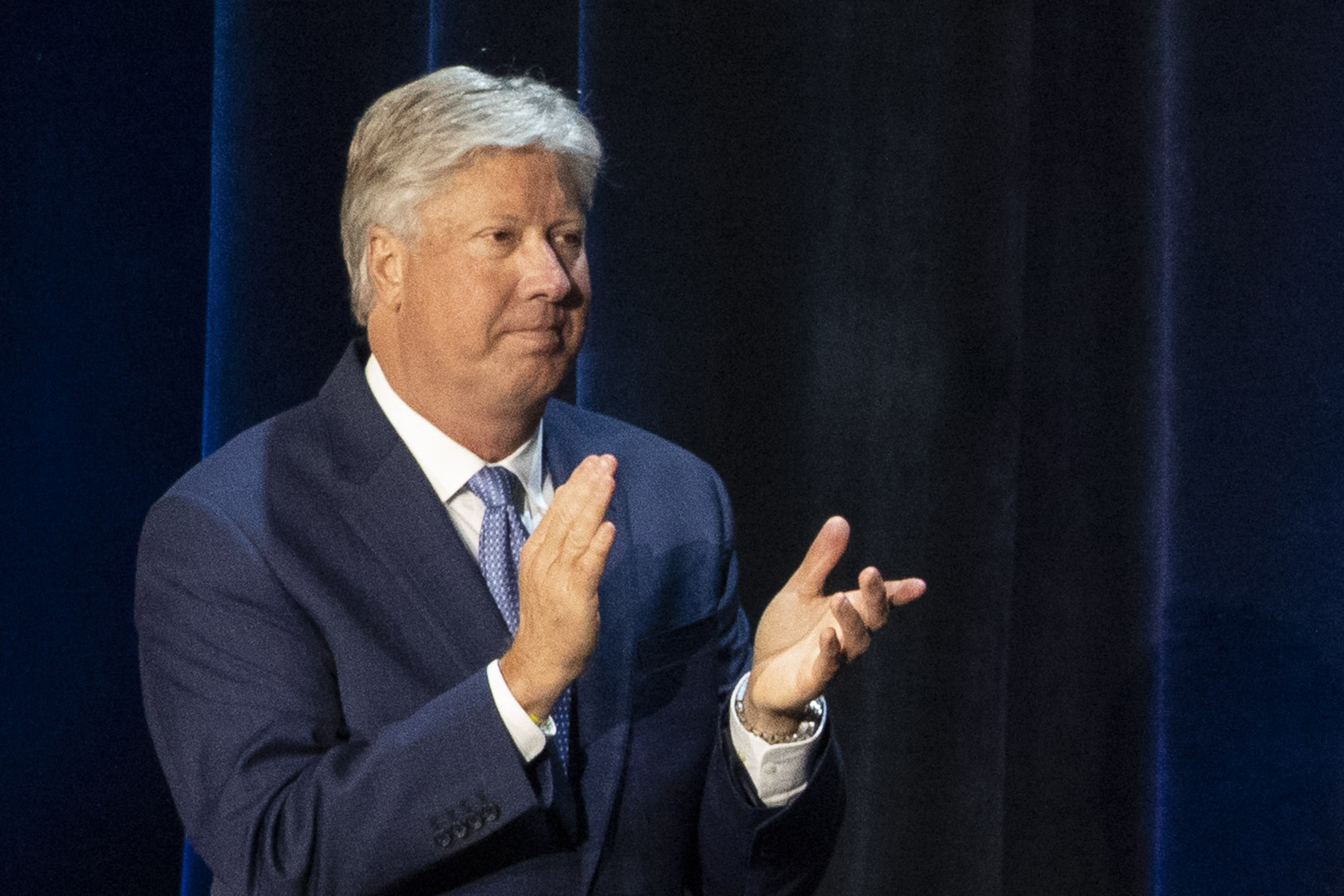 FILE - Pastor Robert Morris applauds during a roundtable discussion at Gateway Church Dallas Campus, Thursday, June 11, 2020, in Dallas. (AP Photo/Alex Brandon, File)