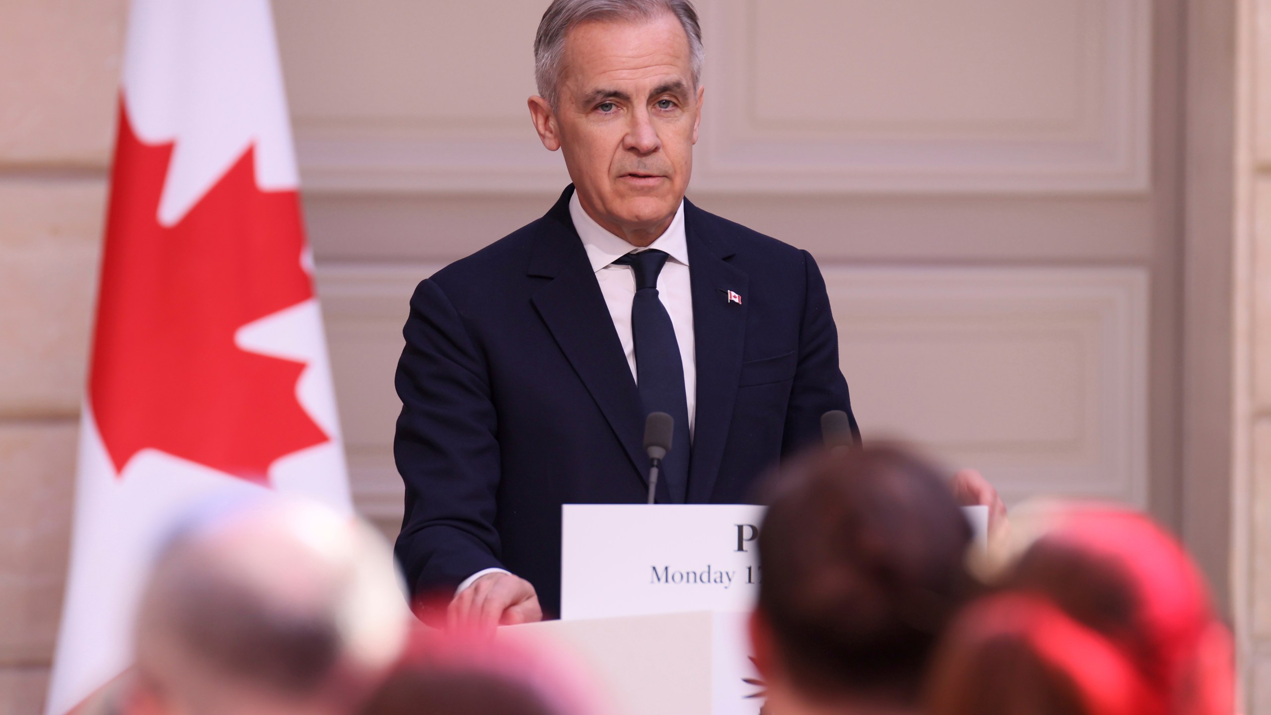 Canada's Prime Minister Mark Carney attends a joint statement with French President Emmanuel Macron Monday, March 17, 2025 at the Elysee Palace in Paris. (AP Photo/Thomas Padilla; Pool)