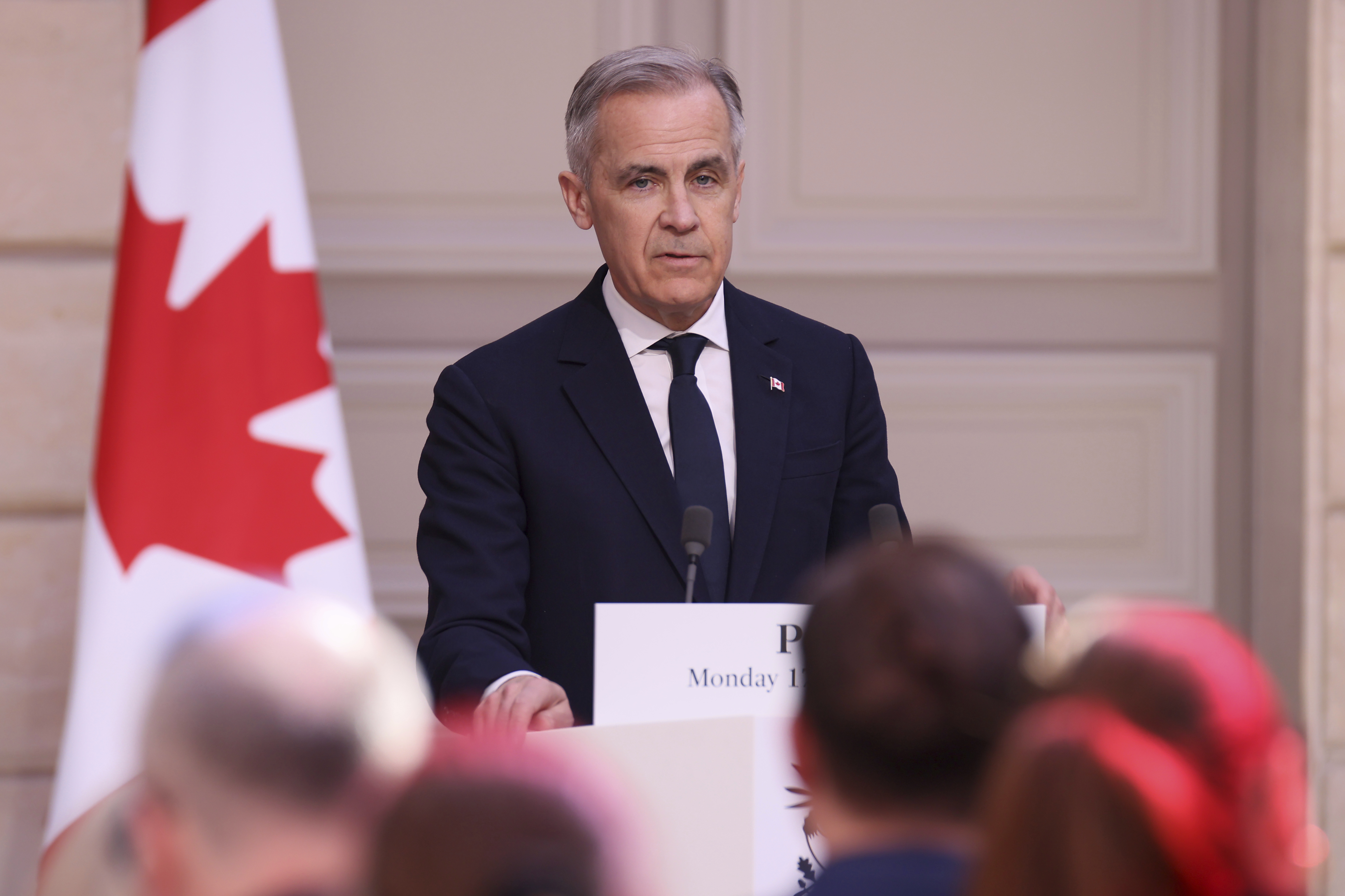 Canada's Prime Minister Mark Carney attends a joint statement with French President Emmanuel Macron Monday, March 17, 2025 at the Elysee Palace in Paris. (AP Photo/Thomas Padilla; Pool)