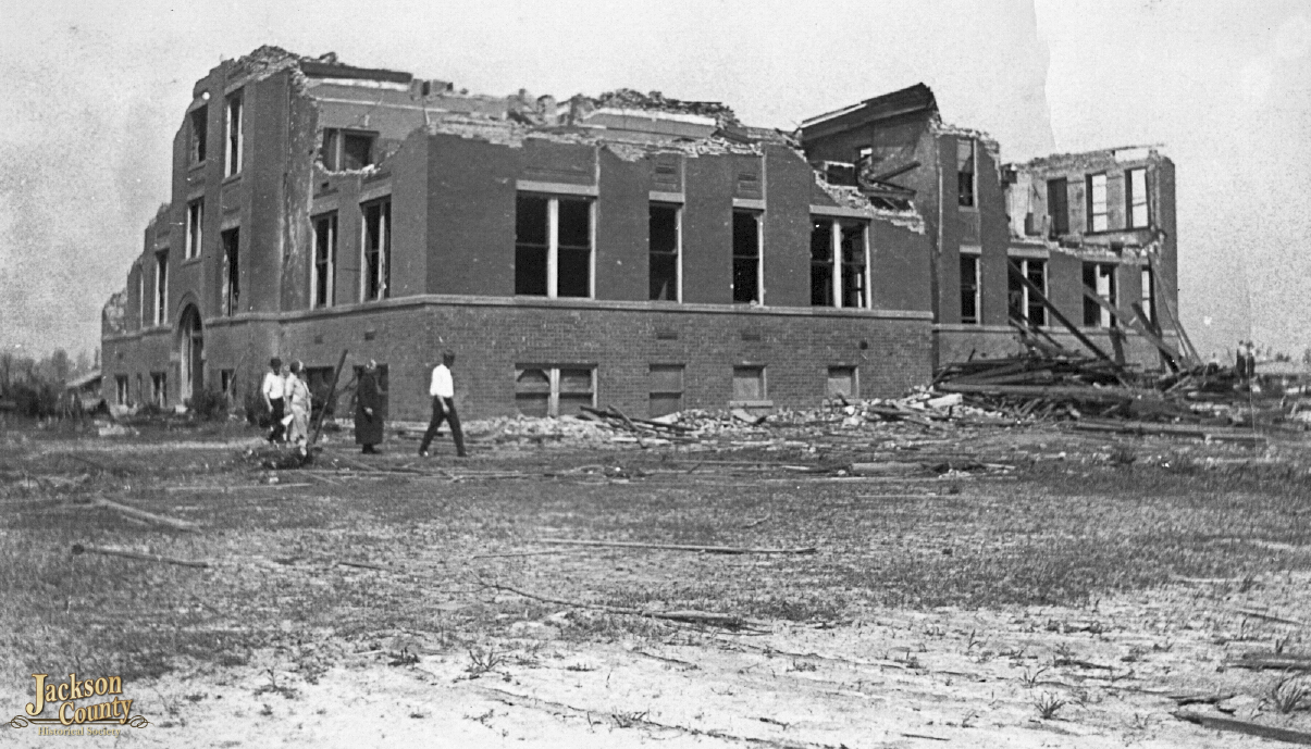 This photo provided by the Jackson County (Ill.) Historical Society shows the Longfellow School in Murphysboro, Ill., after a tornado tore through Indiana, Illinois, and Missouri in March 1925. (Jackson County (Ill.) Historical Society via AP)