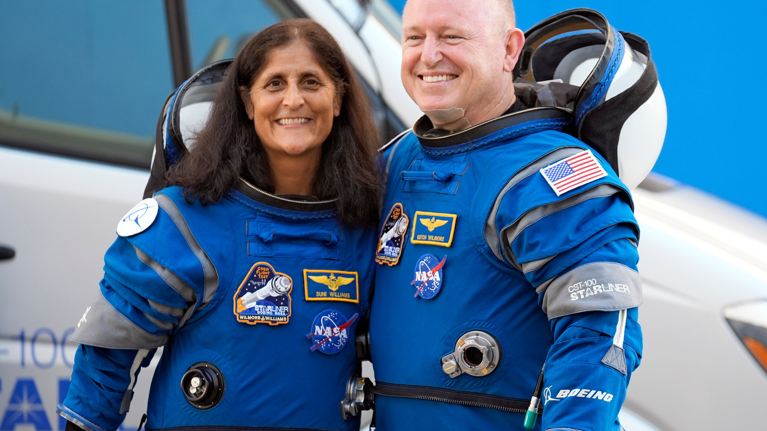 FILE - NASA astronauts Suni Williams, left, and Butch Wilmore stand together for a photo enroute to the launch pad at Space Launch Complex 41 Wednesday, June 5, 2024, in Cape Canaveral, Fla., for their liftoff on a Boeing Starliner capsule to the International Space Station. (AP Photo/Chris O'Meara, File)