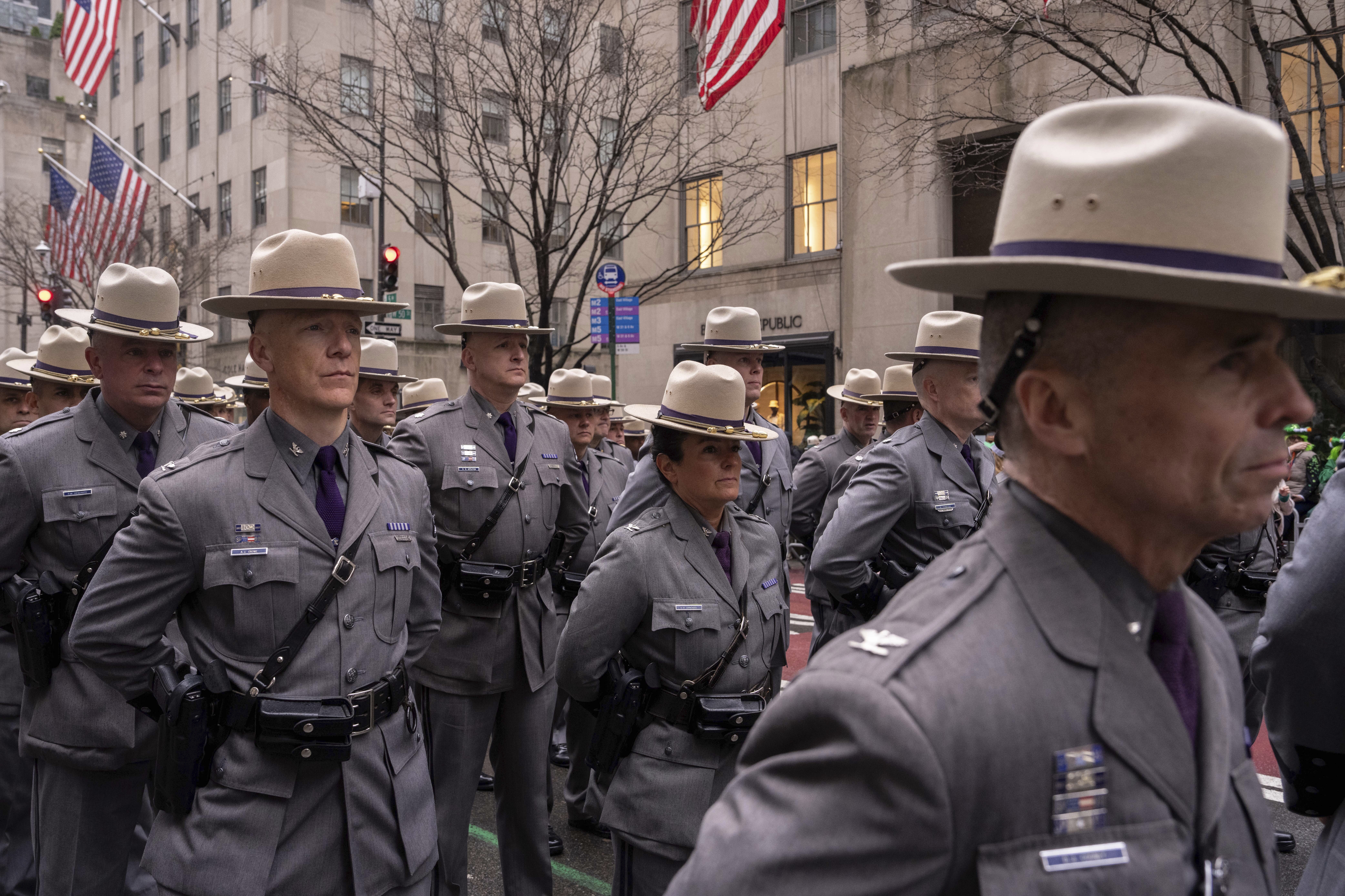 New York State Police march in the 264th New York City Saint Patrick's Day Parade, Monday, March 17, 2025 in New York. (AP Photo/Adam Gray)