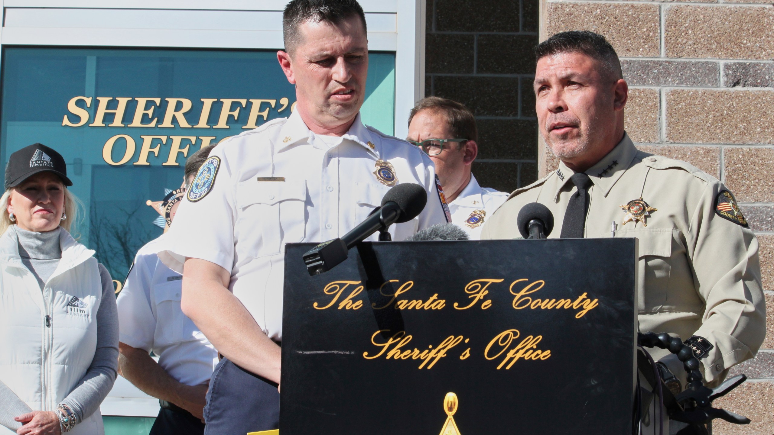 Santa Fe County Sheriff Adan Mendoza, right, and Santa Fe Fire Chief Brian Moya answer questions about the investigation into the deaths of actor Gene Hackman and his wife Betsy Arakawa during a news conference in Santa Fe, N.M., Friday, Feb. 28, 2025. (AP Photo/Susan Montoya Bryan)