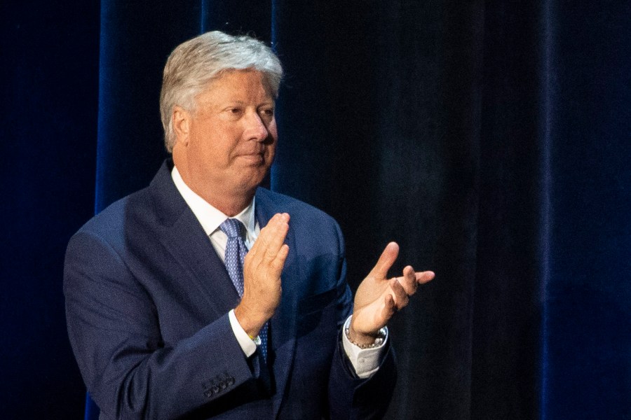 FILE - Pastor Robert Morris applauds during a roundtable discussion at Gateway Church Dallas Campus, Thursday, June 11, 2020, in Dallas. (AP Photo/Alex Brandon, File)