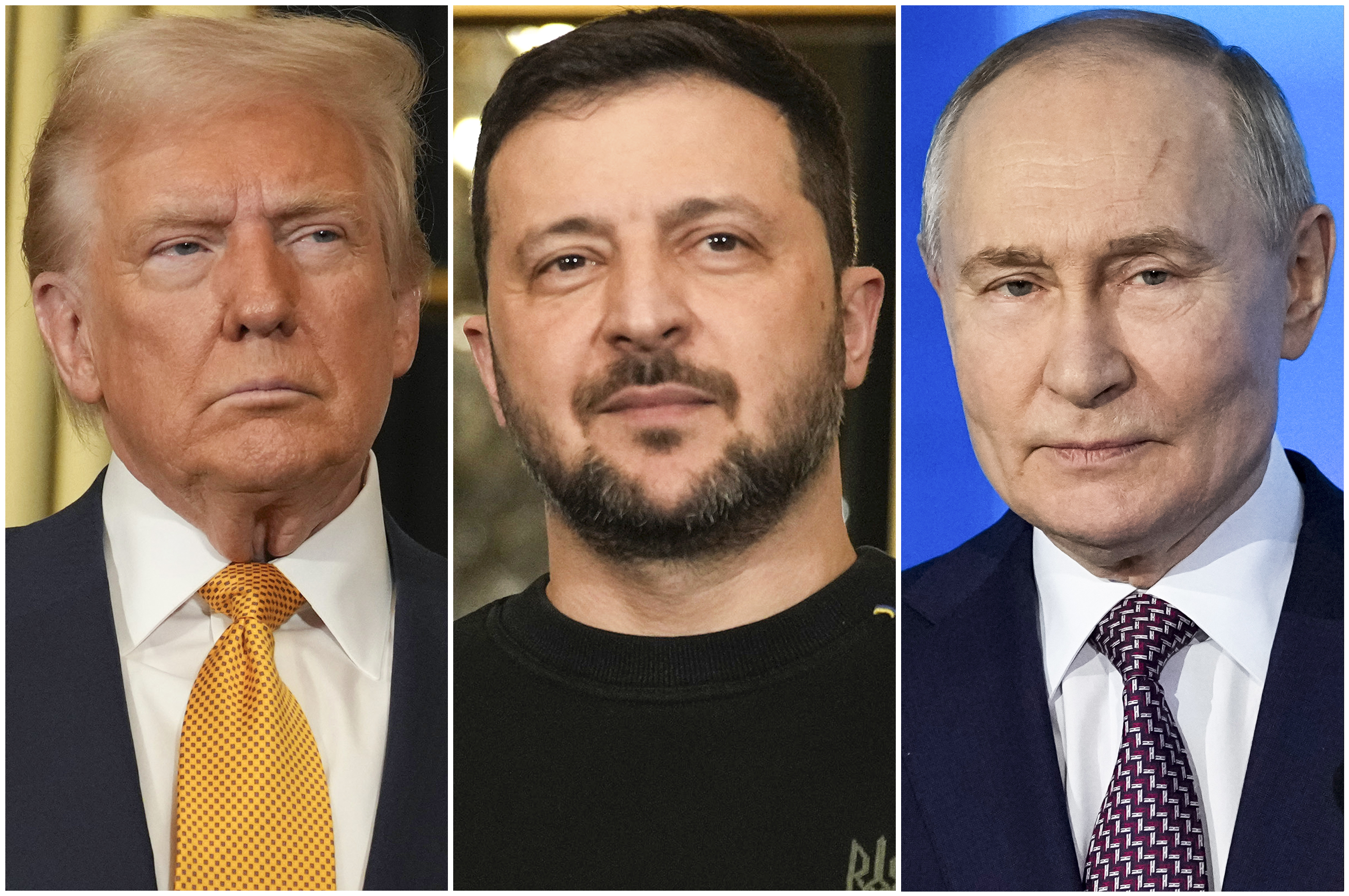 In this combination of file photos, President Donald Trump, left, and Ukraine's President Volodymyr Zelenskyy, center, are seen at the Elysee Palace, Dec. 7, 2024 in Paris, and President Vladimir Putin, right, addresses a Technology Forum in Moscow, Russia, Feb. 21, 2025. (AP Photo/Aurelien Morissard, left and center, Pavel Bednyakov, right)