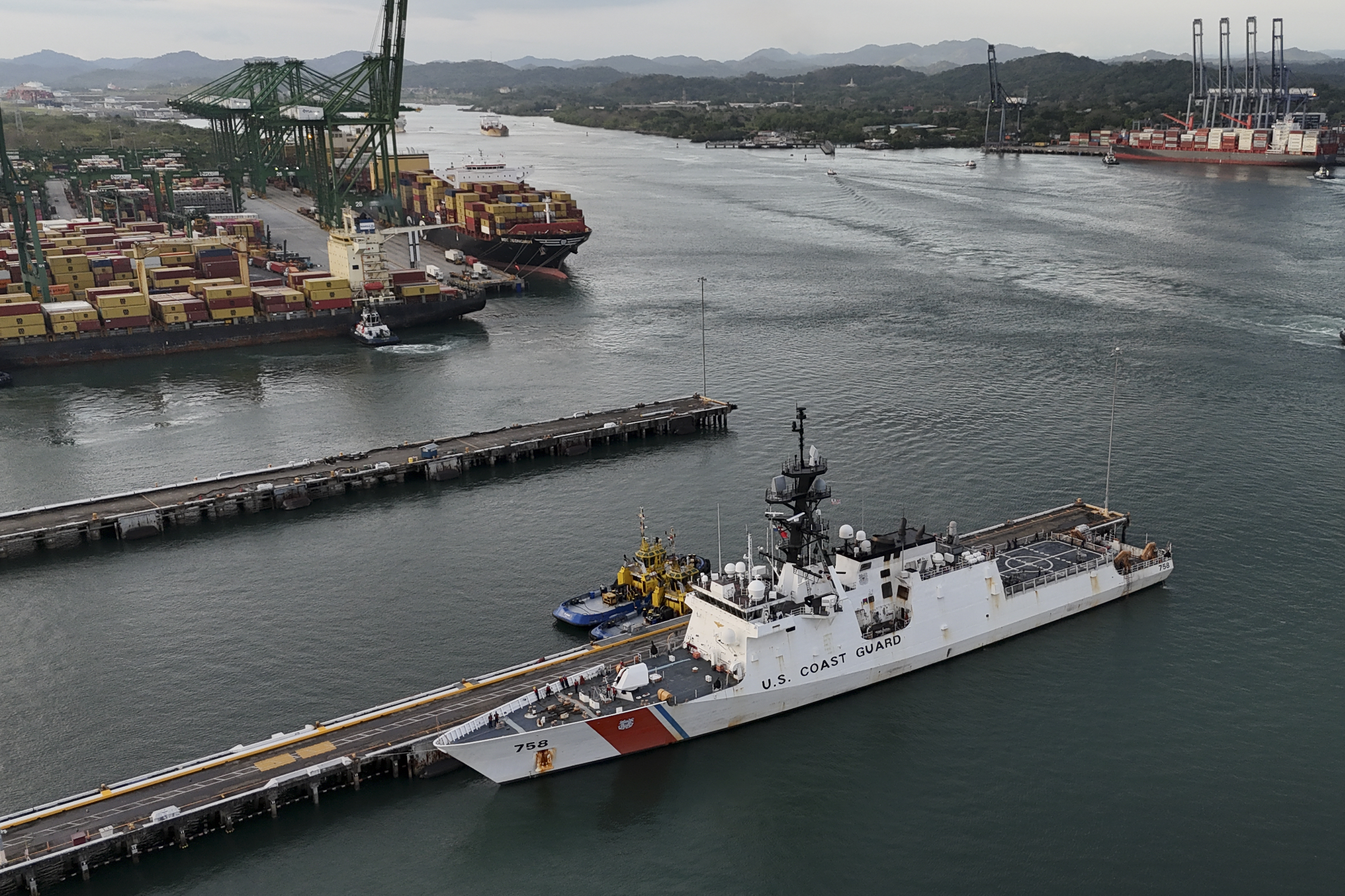 A U.S. Coast Guard ship docks in a naval base along the Panama Canal in Panama City, Thursday, March 13, 2025. (AP Photo/Matias Delacroix)