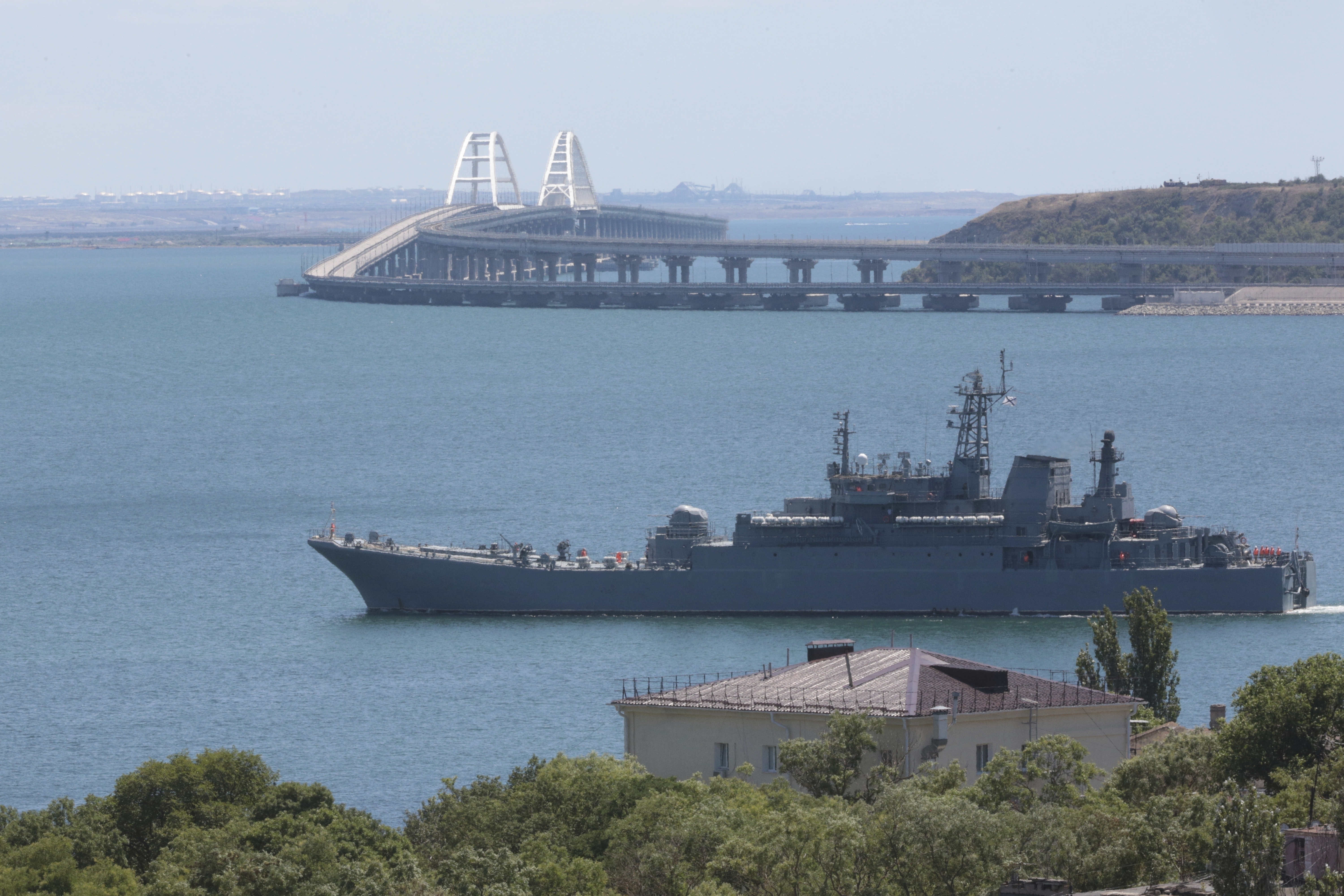 FILE - A Russian military landing ship sails near Kerch, Crimea, on July 17, 2023. (AP Photo, File)