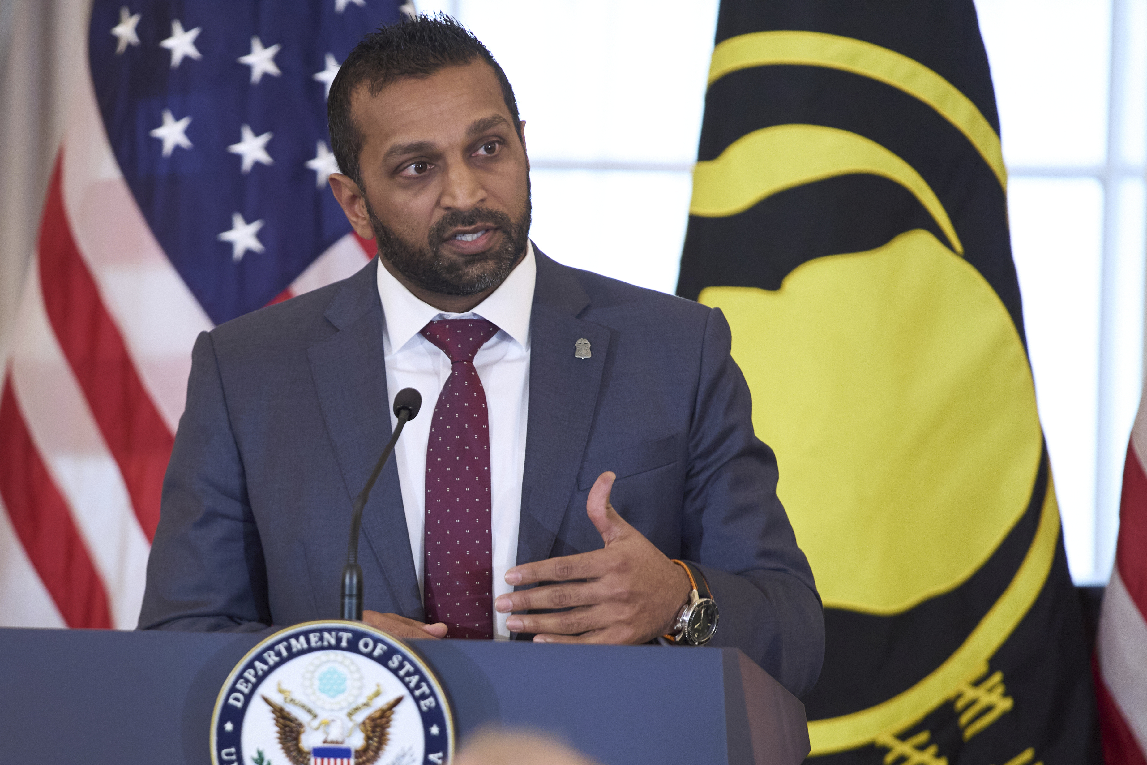 FBI Director Kash Patel speaks during a ceremony to raise the Hostage and Wrongful Detainee flag at the State Department, Thursday, March 6, 2025, in Washington. (AP Photo/Evan Vucci)