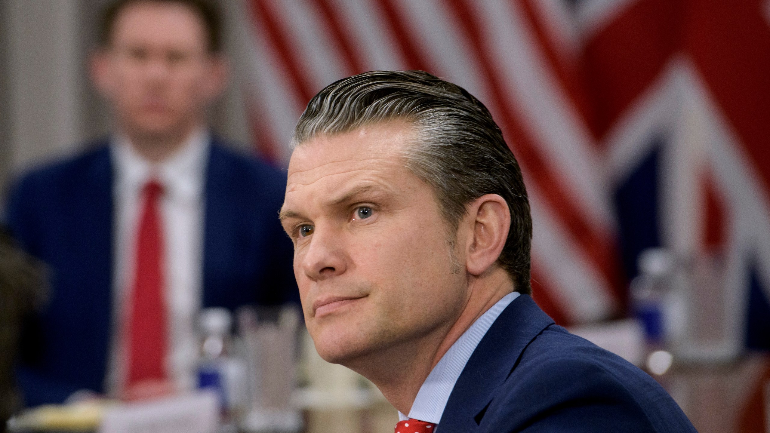 Defense Secretary Pete Hegseth responds to questions from reporters during a meeting with Britain's Defense Secretary John Healey at the Pentagon, Thursday, March 6, 2025, in Washington. (AP Photo/Rod Lamkey, Jr.)