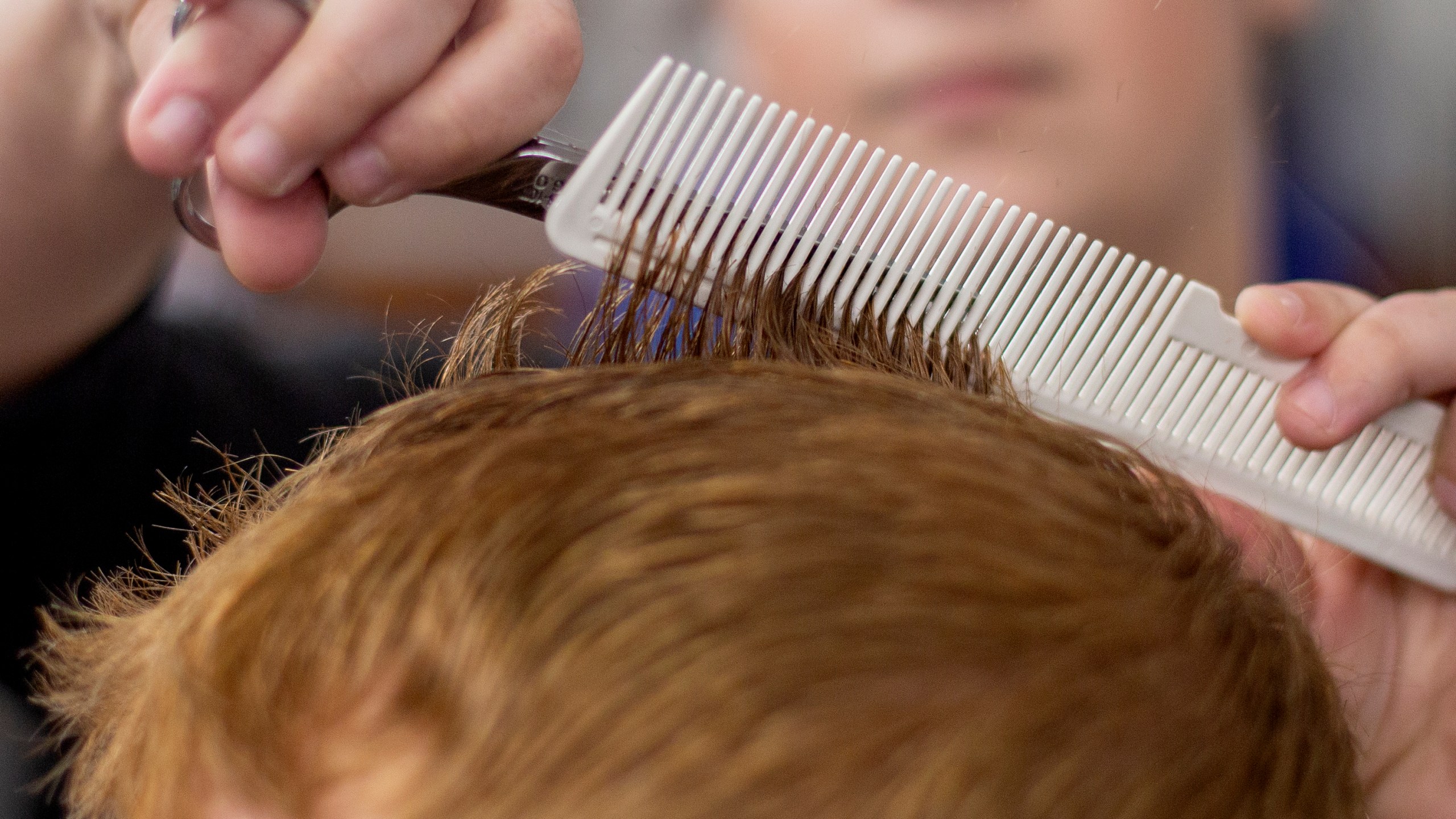 FILE - A barber cuts a client's hair at a barber shop in Chattanooga, Tenn., on Tuesday, March 17, 2020. (C.B. Schmelter/Chattanooga Times Free Press via AP, File)