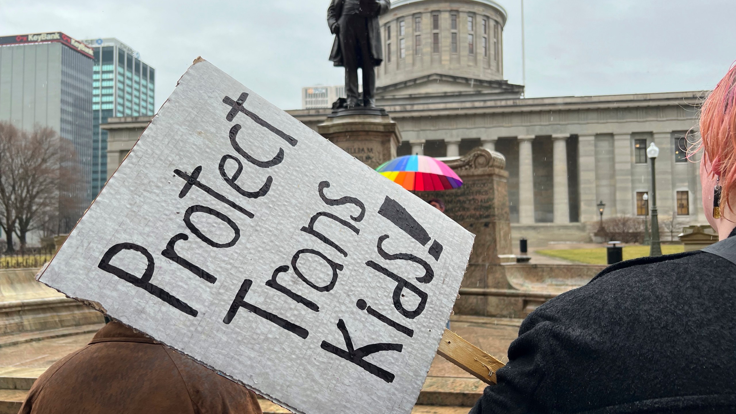 FILE - Protesters advocating for transgender rights and healthcare stand outside of the Ohio Statehouse on Wednesday, Jan. 24, 2024, in Columbus, Ohio. (AP Photo/Patrick Orsagos, File)