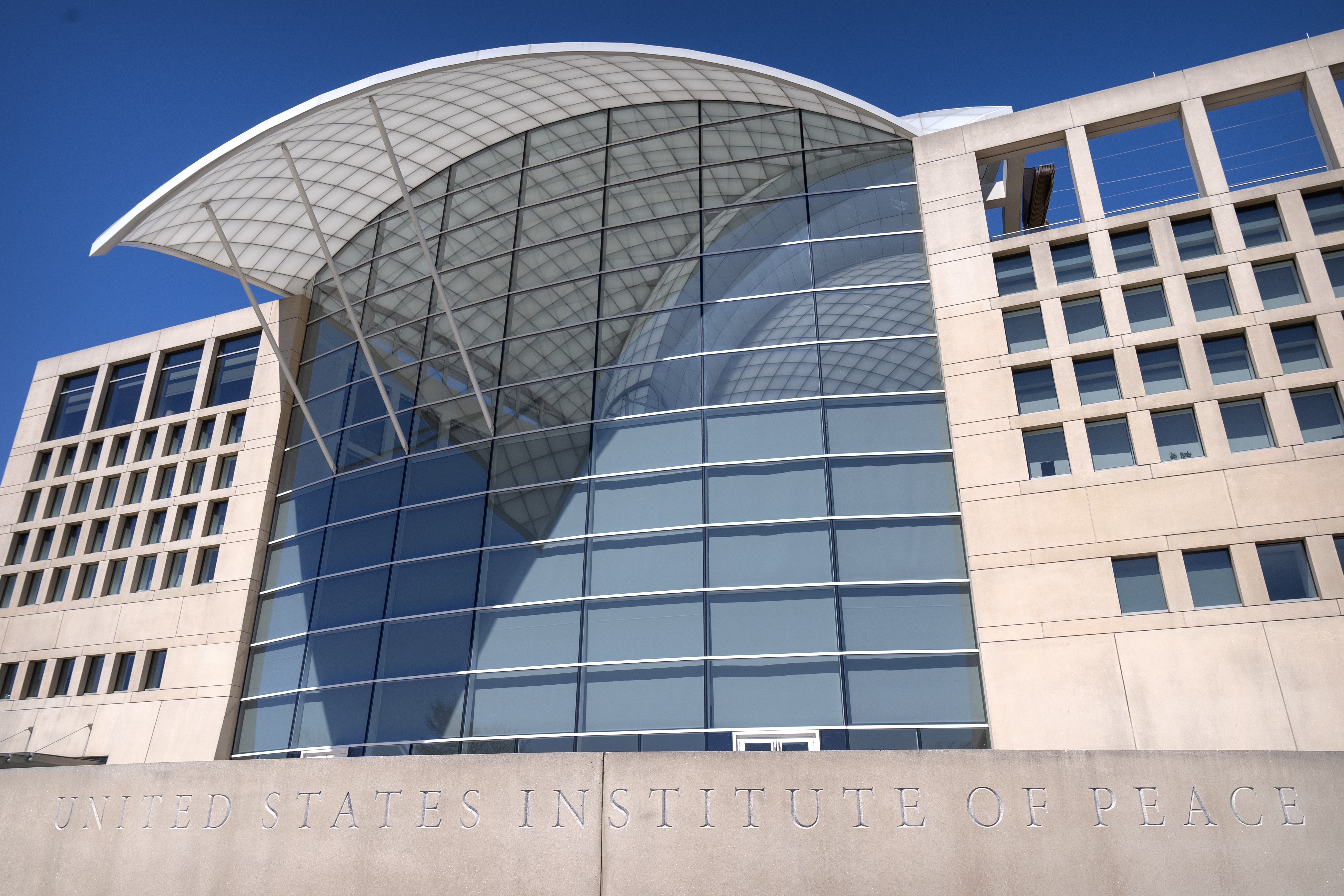 The headquarters of the United States Institute of Peace are seen Tuesday, March 18, 2025, in Washington. (AP Photo/Mark Schiefelbein).