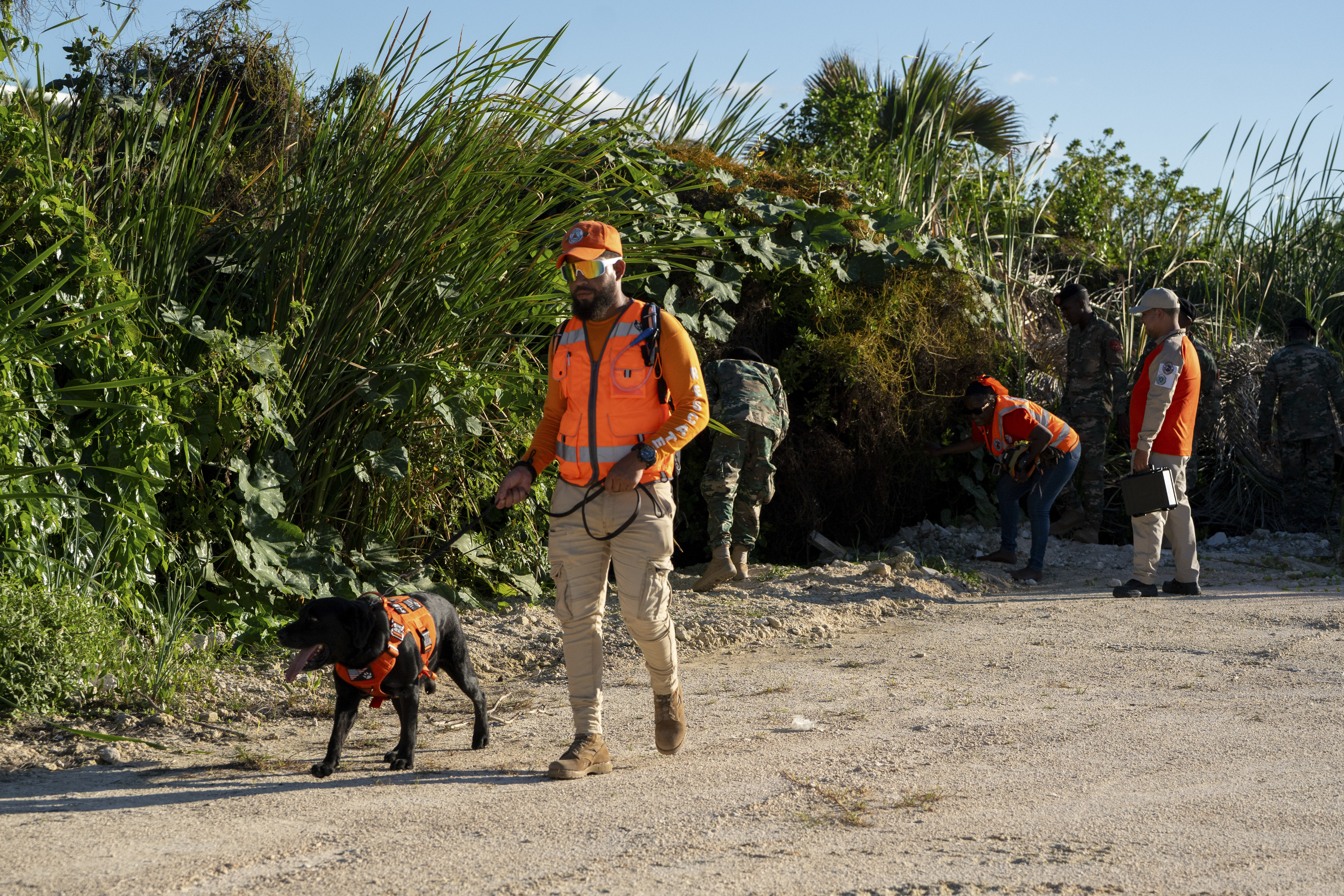 A member of civil defense canine unit searches for Sudiksha Konanki, a university student from the U.S. who disappeared on a beach in Punta Cana, Dominican Republic, Monday, March. 10, 2025. (AP Photo/Francesco Spotorno)