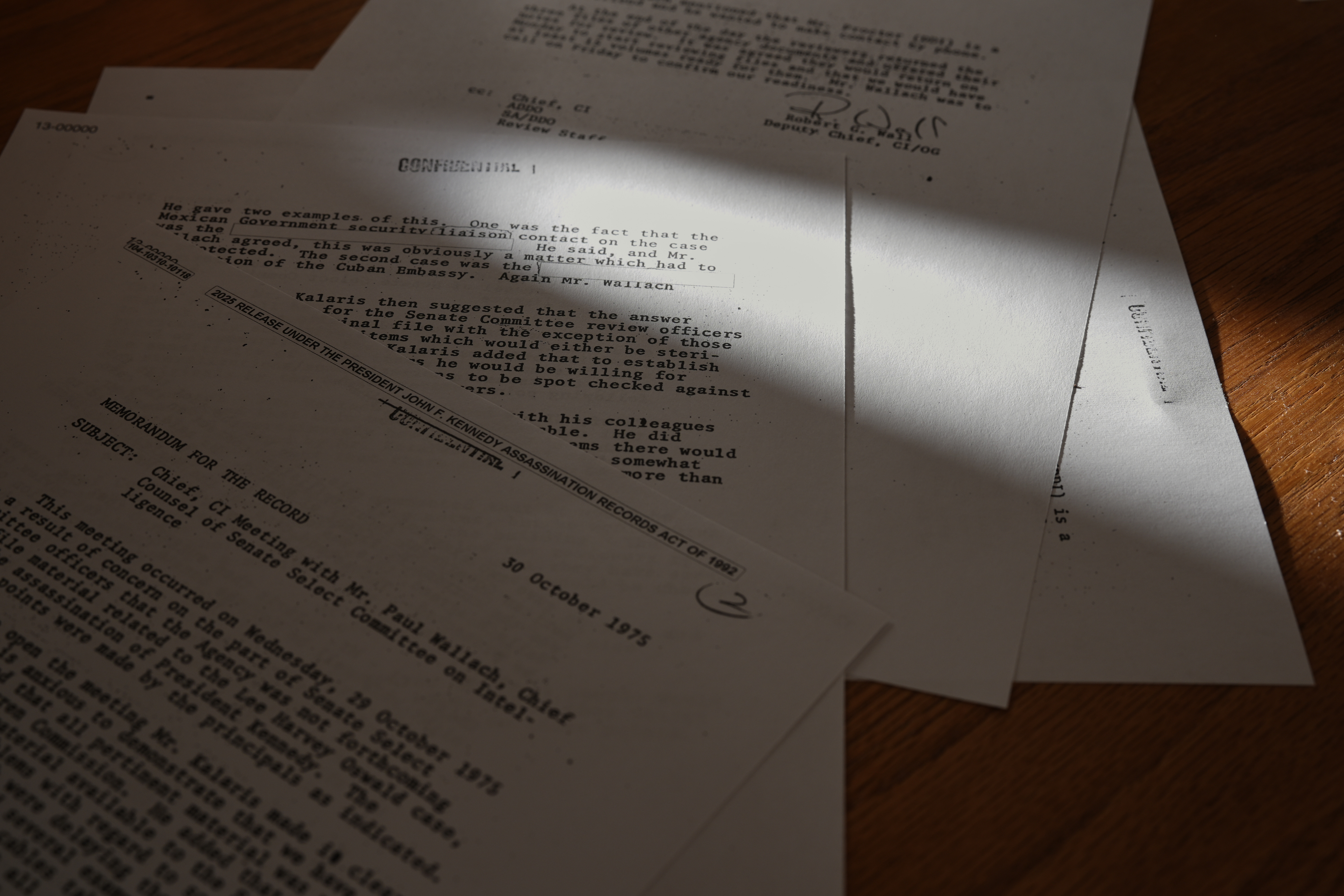 FILE - Recently declassified documents related to the President John F. Kennedy assassination are seen Wednesday, March 19, 2025, in Nashville, Tenn. (AP Photo/George Walker IV, File)