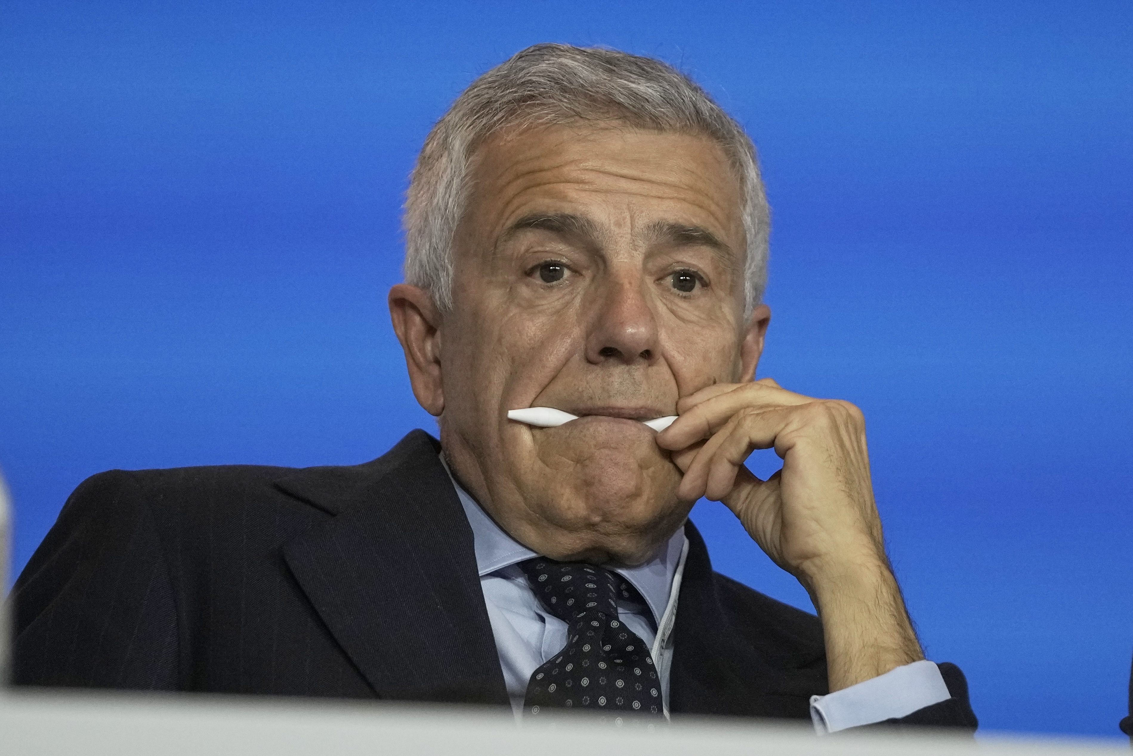 Candidate Juan Antonio Samaranch waits for the announcement of the new IOC President at the International Olympic Committee 144th session in Costa Navarino, western Greece, Thursday, March 20, 2025. (AP Photo/Thanassis Stavrakis)