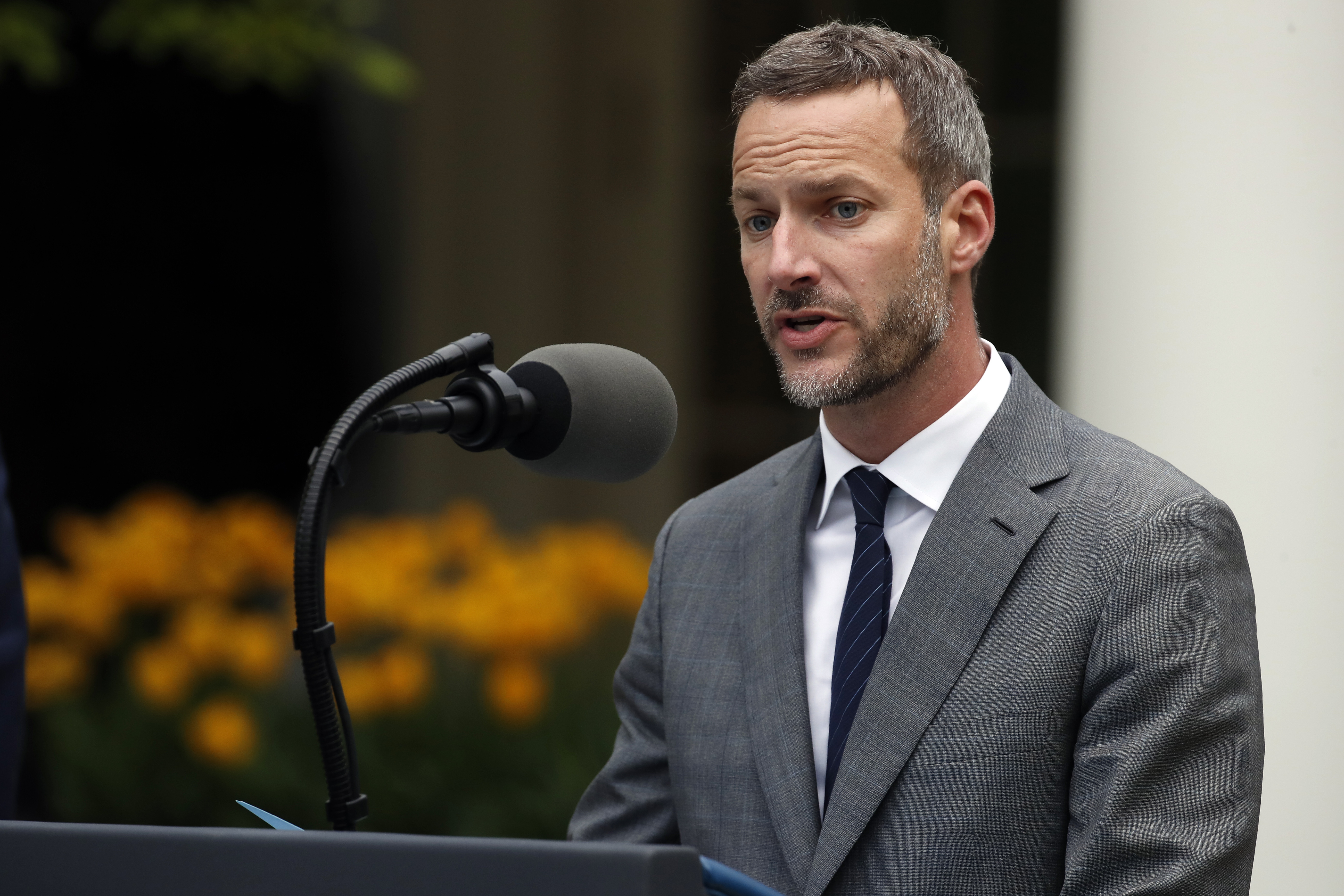 FILE - Adam Boehler speaks in the Rose Garden of the White House, April 14, 2020, in Washington. (AP Photo/Alex Brandon, File)