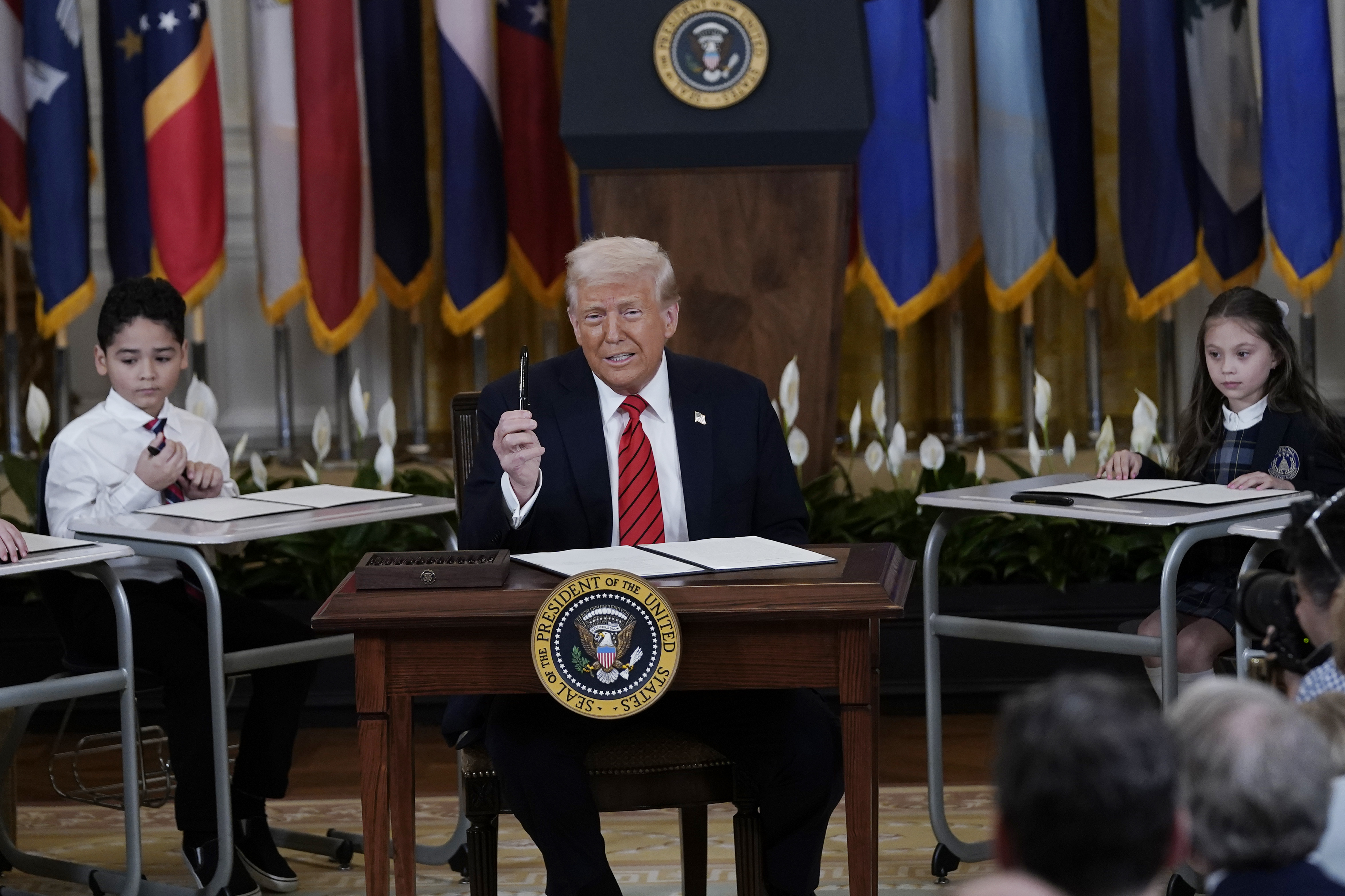 President Donald Trump speaks at an education event and executive order signing in the East Room of the White House in Washington, Thursday, March 20, 2025.(AP Photo/Jose Luis Magana)