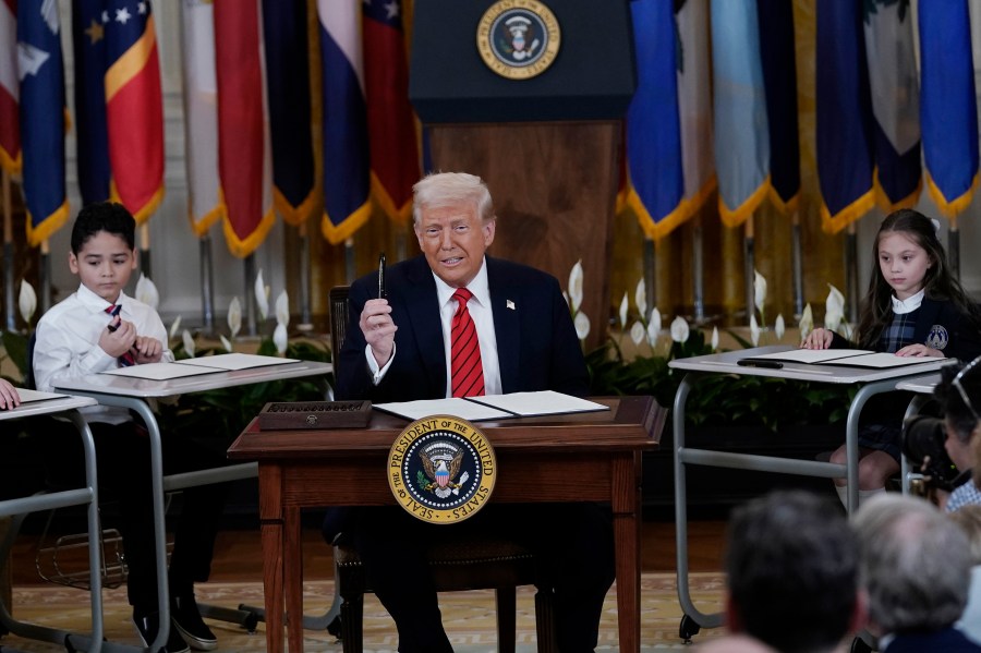 President Donald Trump speaks at an education event and executive order signing in the East Room of the White House in Washington, Thursday, March 20, 2025.(AP Photo/Jose Luis Magana)