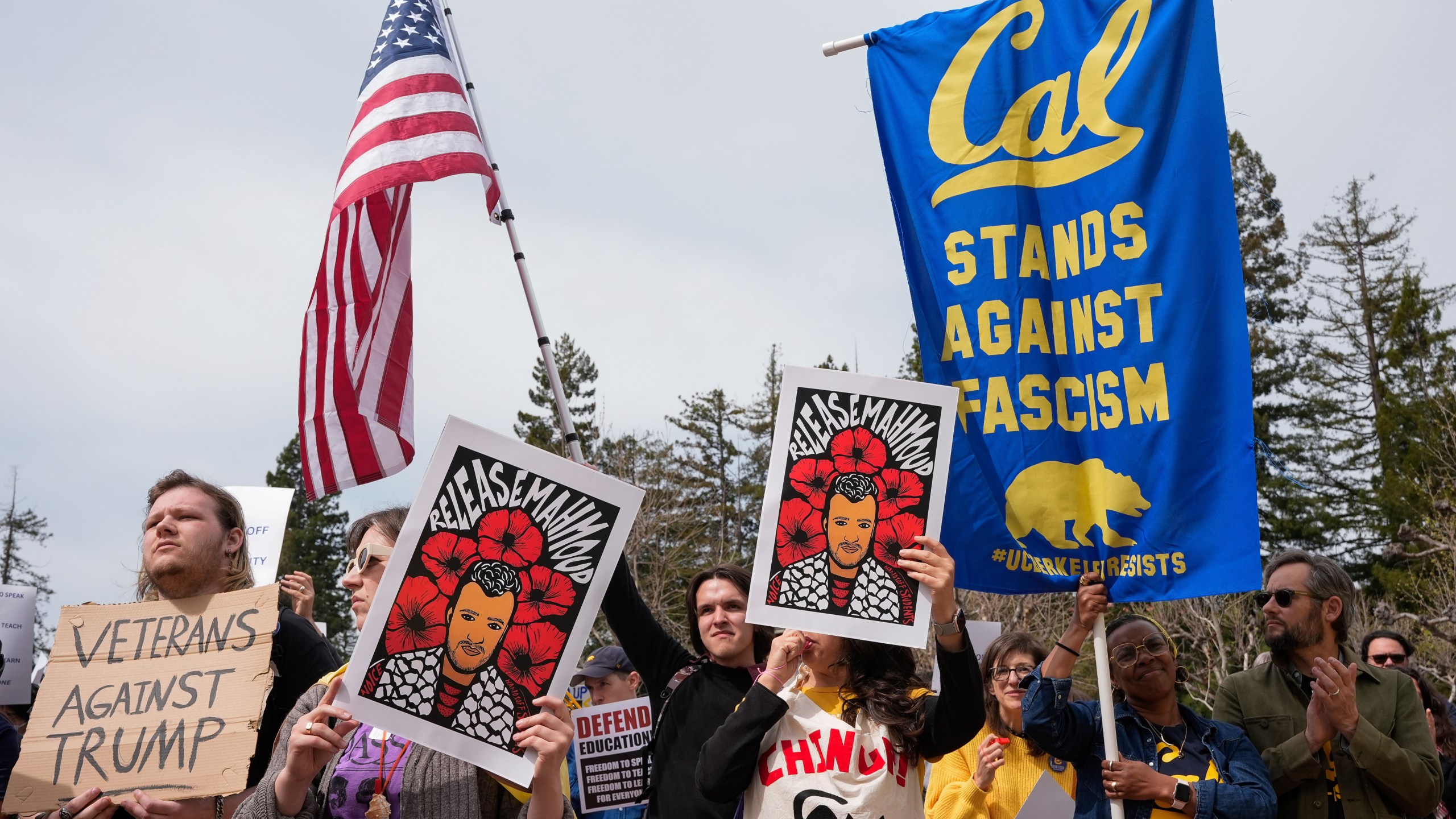 People rally at the University of California, Berkeley campus to protest the Trump administration Wednesday, March 19, 2025, in Berkeley, Calif. (AP Photo/Godofredo A. Vásquez)