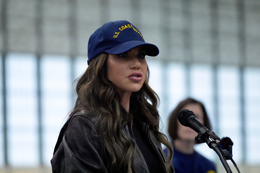 Homeland Security Secretary Kristi Noem speaks at U.S. Coast Guard Air Station Kodiak during a tour, Monday, March 17, 2025, in Kodiak, Alaska. (AP Photo/Alex Brandon)