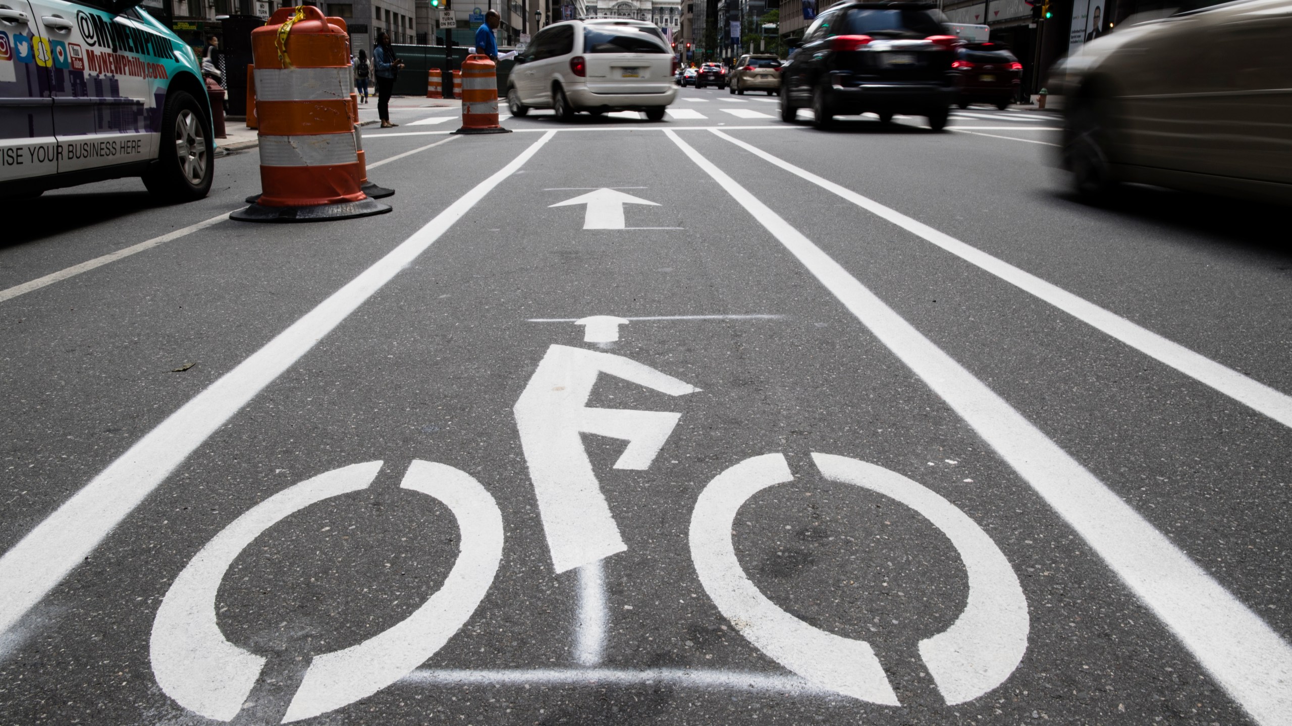 FILE - A bicycle lane along Market Street in Philadelphia, on June 4, 2018. (AP Photo/Matt Rourke, File)