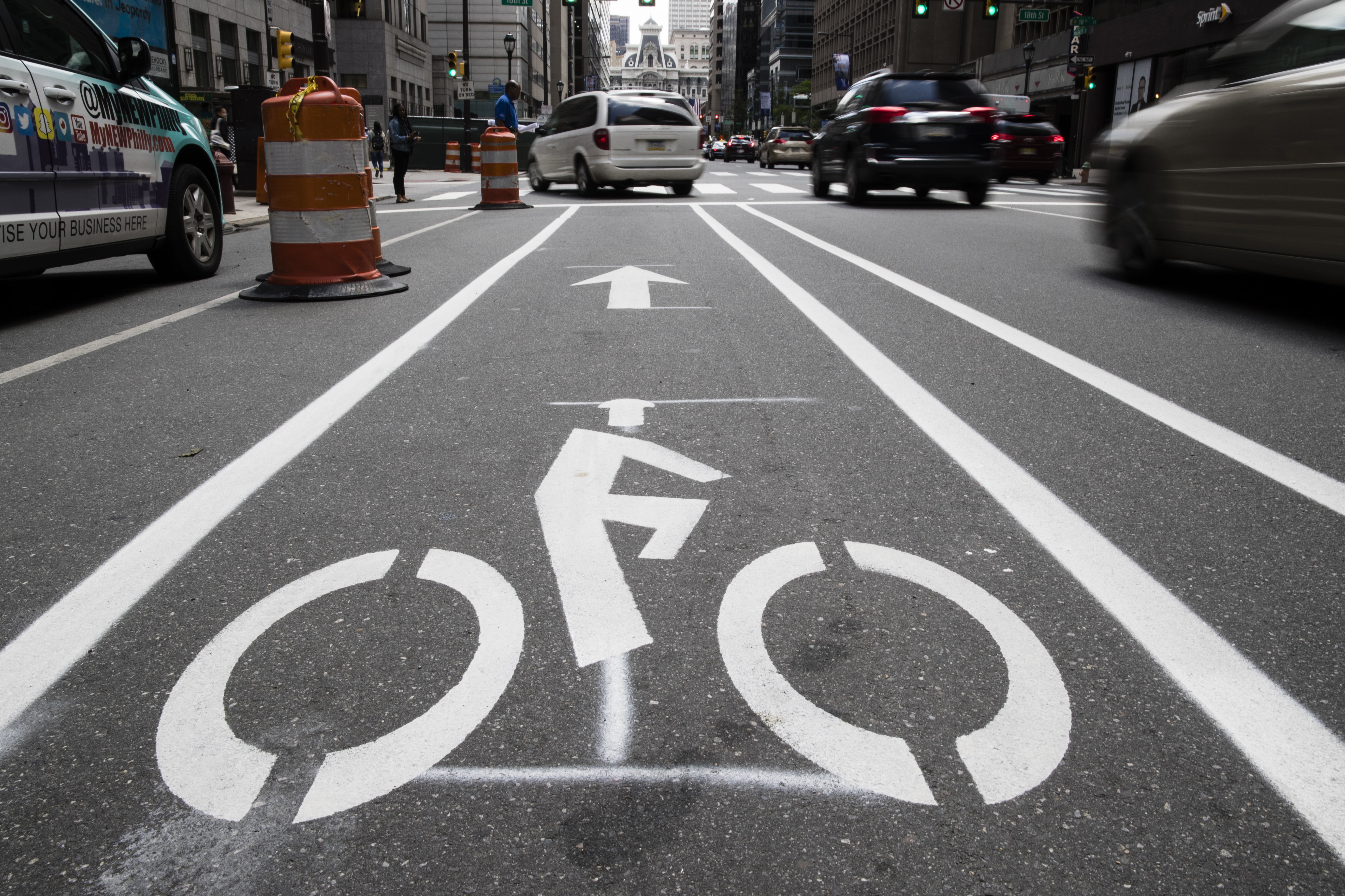 FILE - A bicycle lane along Market Street in Philadelphia, on June 4, 2018. (AP Photo/Matt Rourke, File)