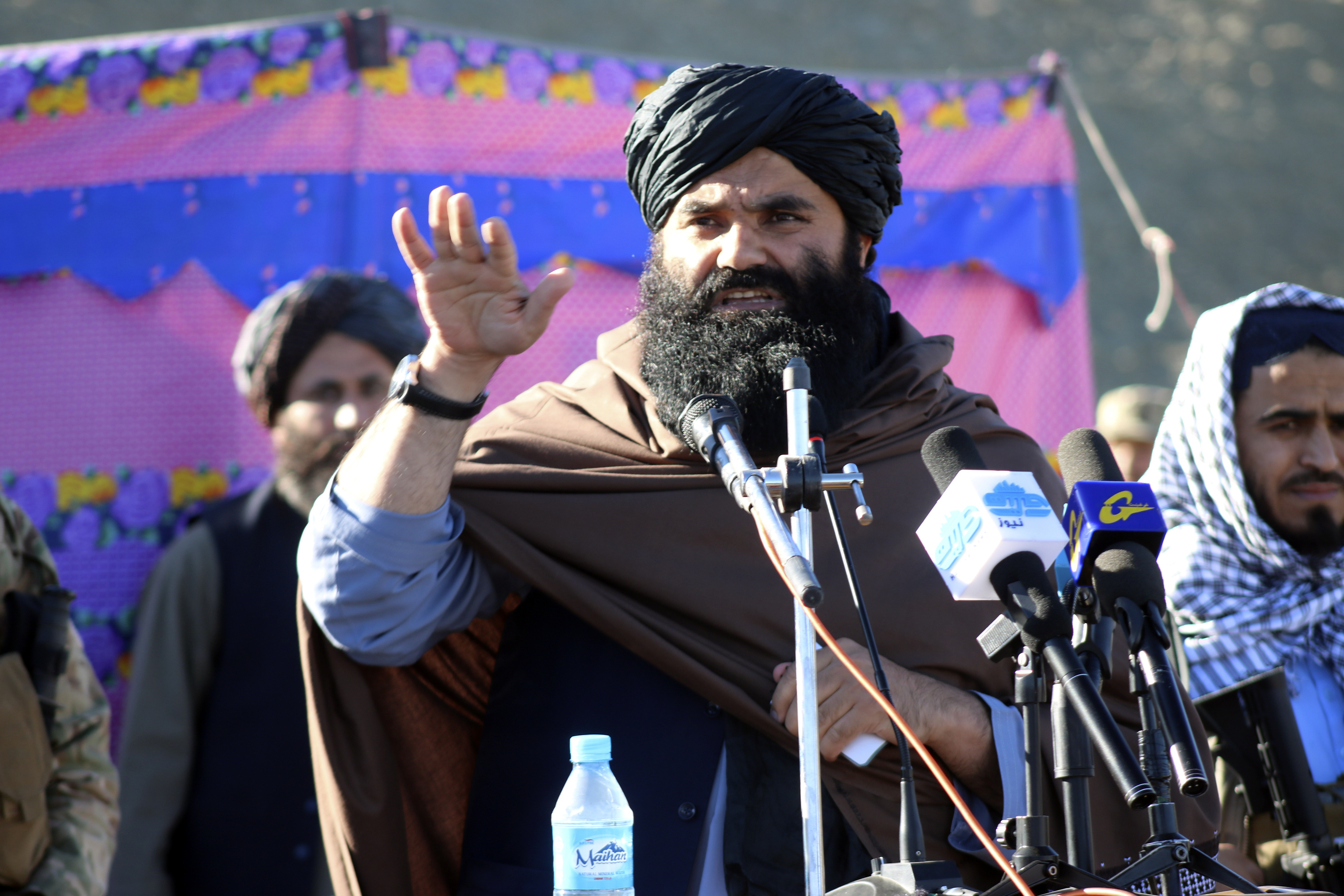 FILE - Acting interior minister Sirajuddin Haqqani, speaks during the funeral prayers of Khalil Haqqani, the minister for refugees and repatriation, during his funeral procession in eastern Paktia province, Afghanistan, Dec. 12, 2024. (AP Photo/Saifullah Zahir, File)