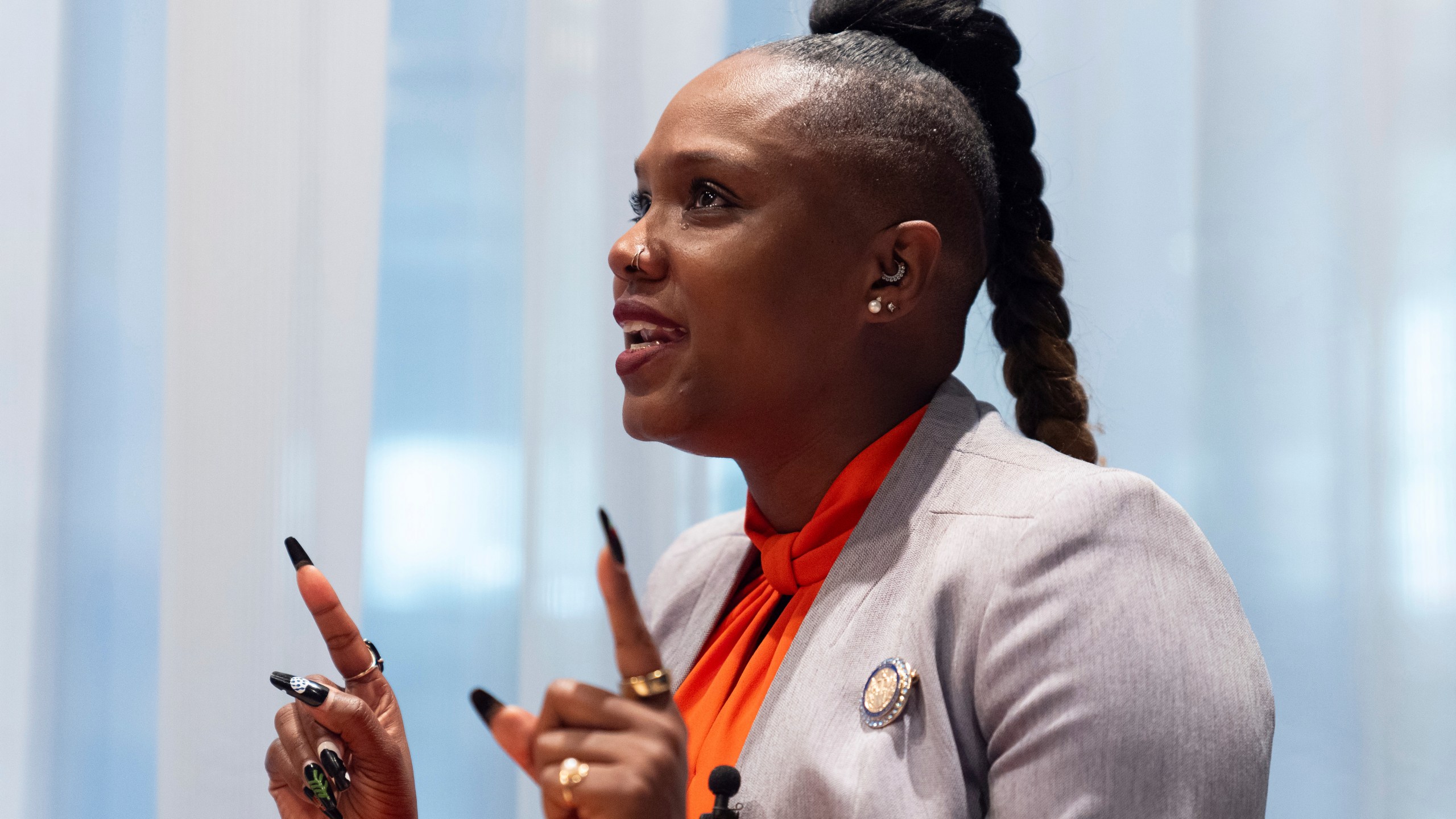 Virginia Democratic Del. Jackie Glass speaks during an interview with the Associated Press, Thursday, Dec. 12, 2024, in Norfolk, Va. (AP Photo/Stephanie Scarbrough)