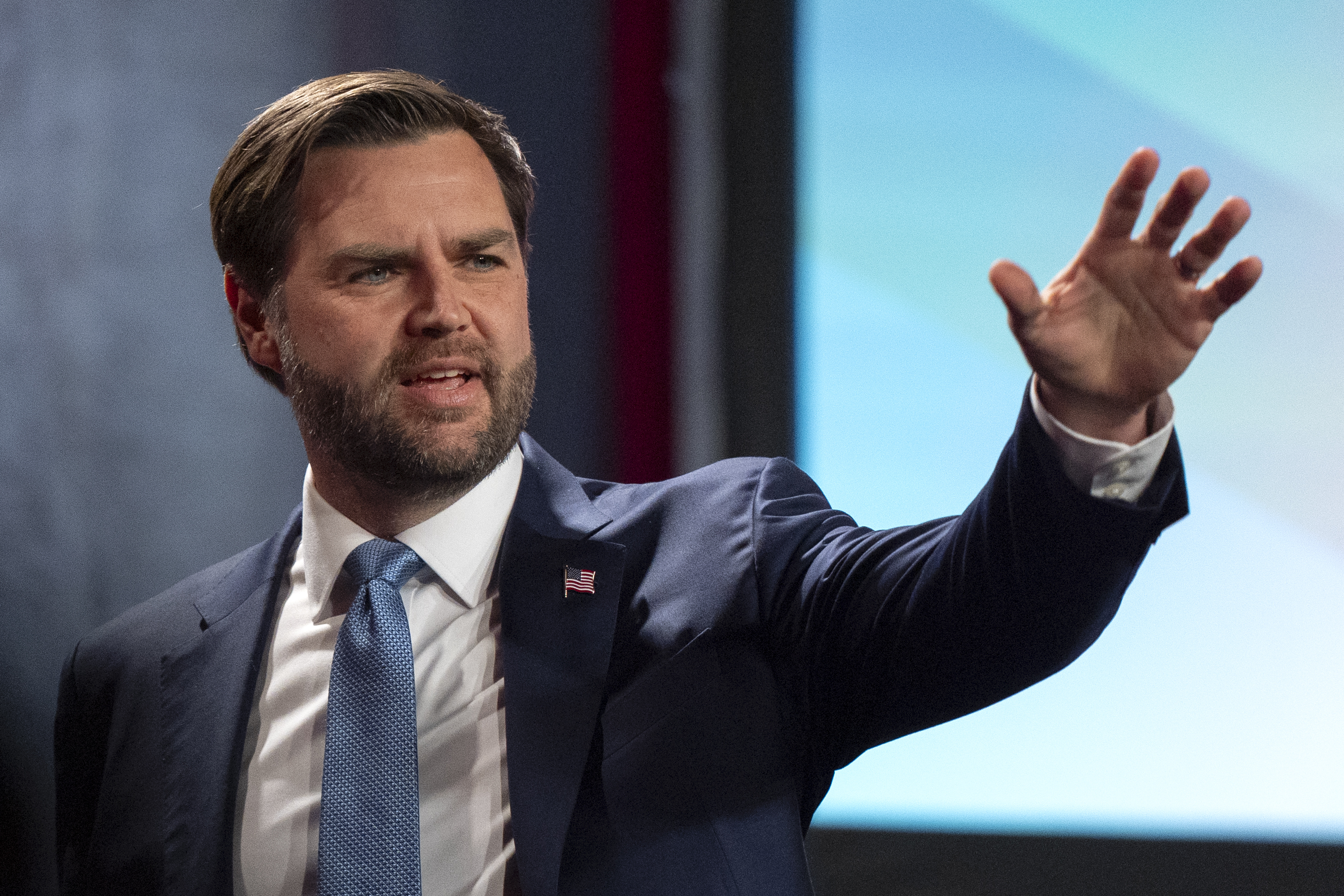 FILE - Vice President JD Vance leaves after speaking at the Congressional Cities Conference of the National League of Cities on Monday, March 10, 2025, in Washington. (AP Photo/Mark Schiefelbein, file)